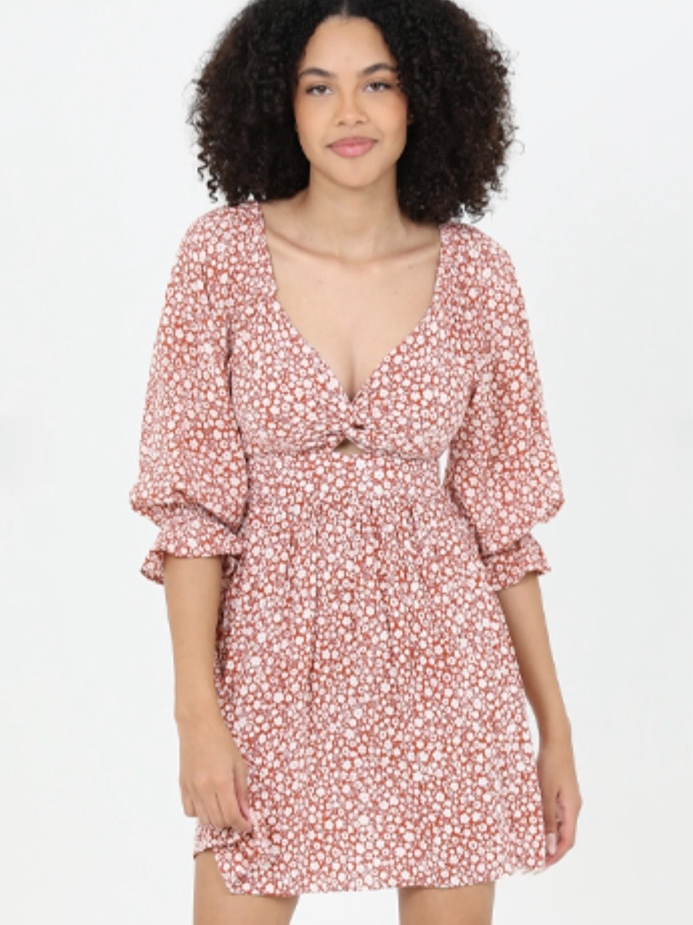 ANGIE Ditsy Floral Ruffle Keyhole Front Mini Rust Brown Dress Sz M